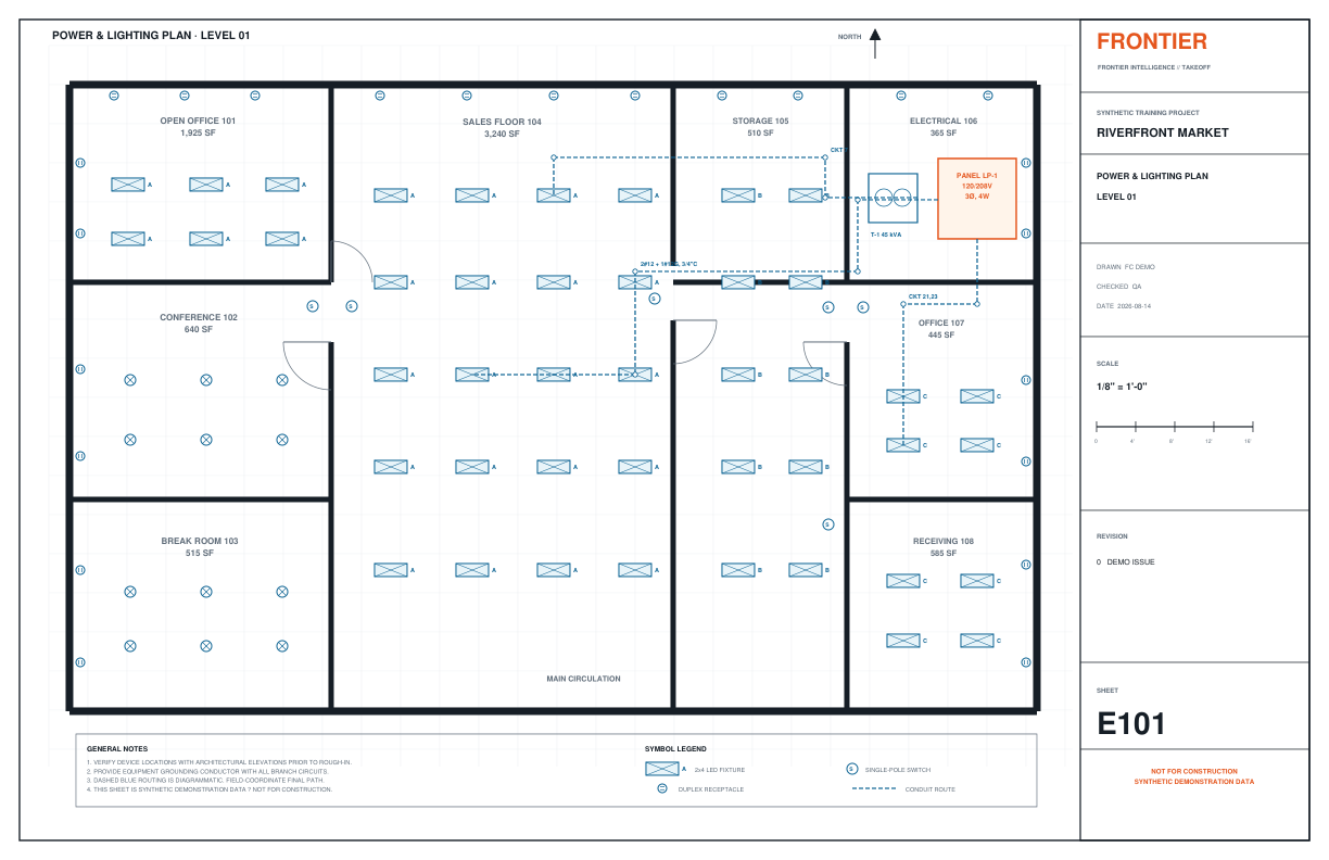 Fictional electrical floor plan illustrating source-linked takeoff
